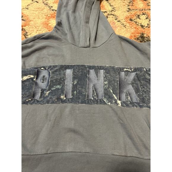 Victorias Secret PINK Cropped velvet Stripe Lace Up Sleeve Hoodie Blue Large - Picture 2 of 5